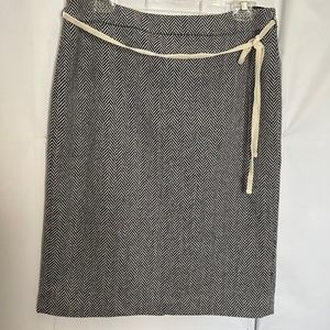 NWOT J. CREW Herringbone Wool Blend Black/White Pencil Skirt W/Ivory Belt Size 6